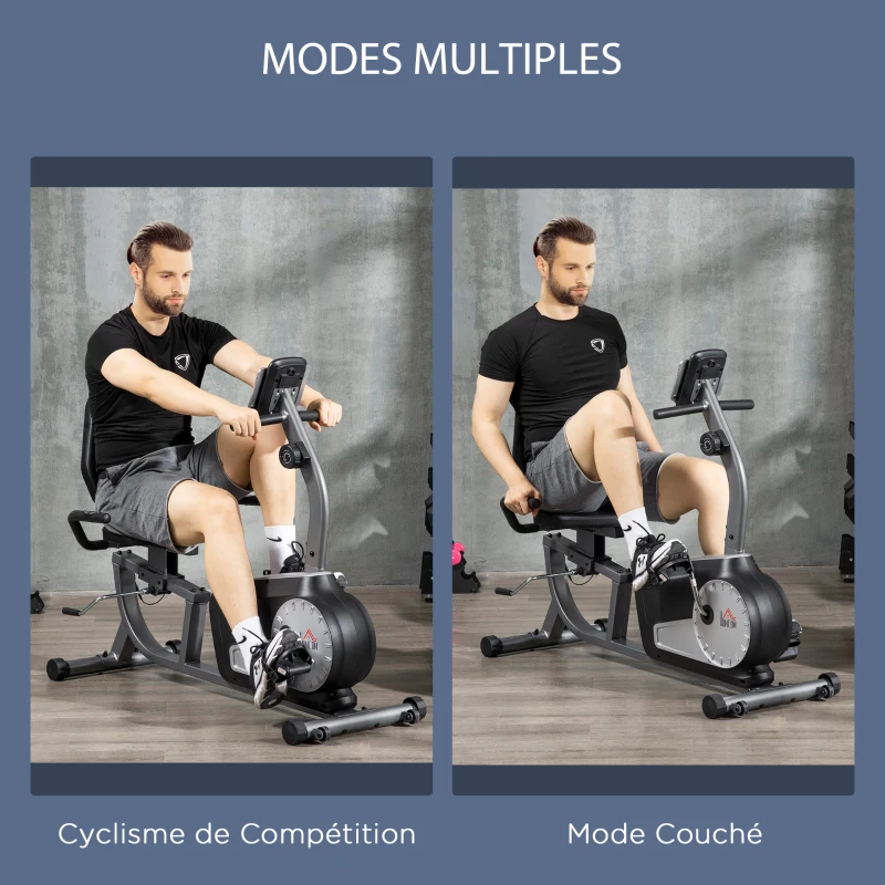 HOMCOM Vélo d'appartement, vélo couché magnétique avec 8 niveaux de résistance réglables, avec écran lcd, poignées de fréquence cardiaque et roues, capacité de charge de 110 kg