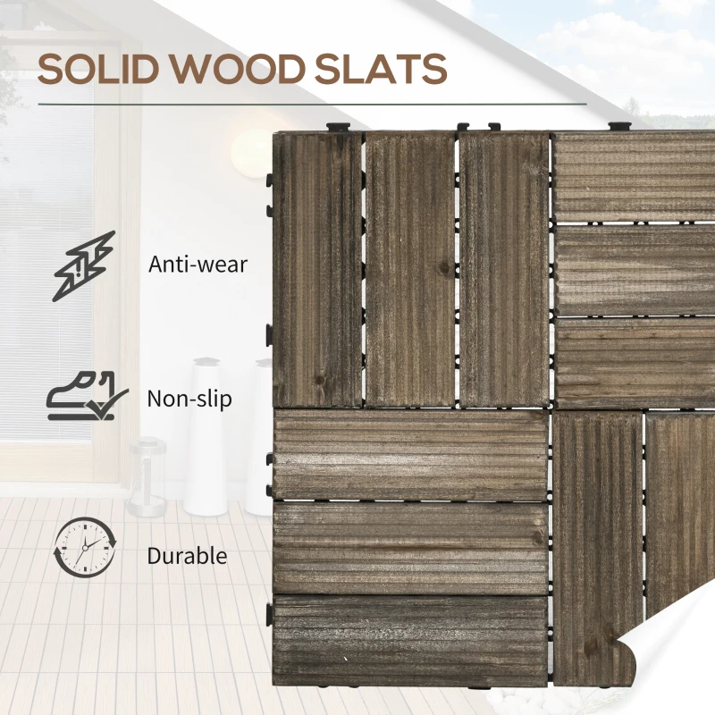 Outsunny 27 Pcs Wooden Interlocking Decking Tiles, Outdoor Flooring Tiles for Patio, Balcony, Terrace, Hot Tub, 30 x 30 cm per Piece, 2.5㎡ per Pack, Charcoal Grey