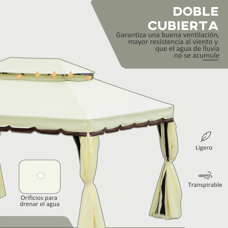 Outsunny Cenador de Jardín 4x3 m Gazebo de Aluminio con Techo de Ventilación 4 Cortinas Laterales 4 Mosquiteras y 8 Orificios de Drenaje para Fiestas Eventos Exterior Crema