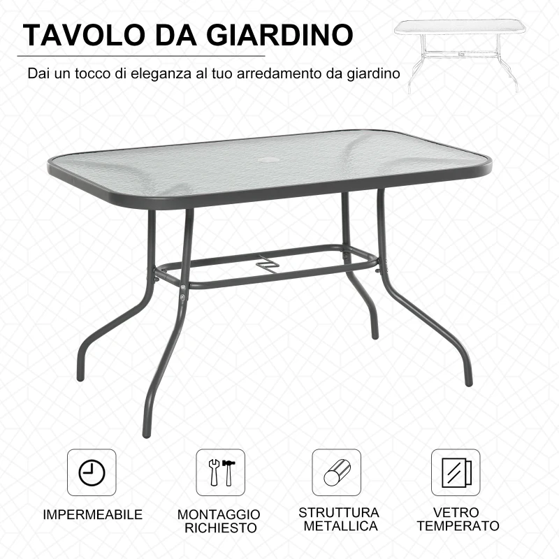 Outsunny Tavolo da Giardino con Foro per Ombrellone, Arredamento da Esterno in Metallo e Vetro 120x80x70cm Grigio