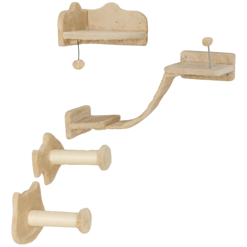 PawHut Rascador de Pared para Gatos con 2 Postes de Sisal Plataforma Doble con Escalera Suave y 1 Plataforma para Saltar Beige