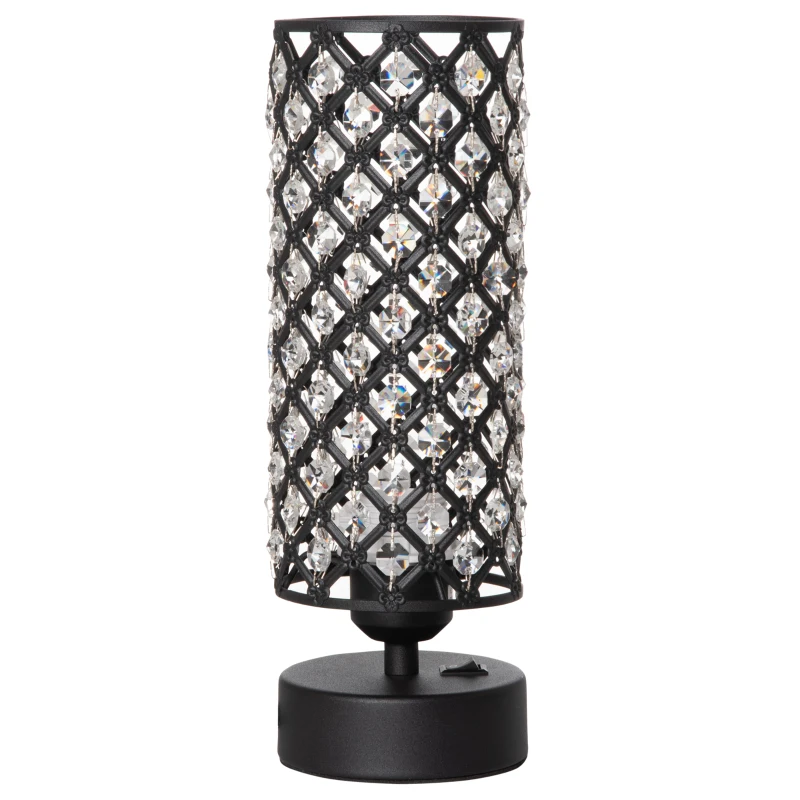 HOMCOM Lampada da Tavolo con Paralume in Cristallo e 2 Porte USB, Luce Regolabile Ф10.8x30cm, Nero