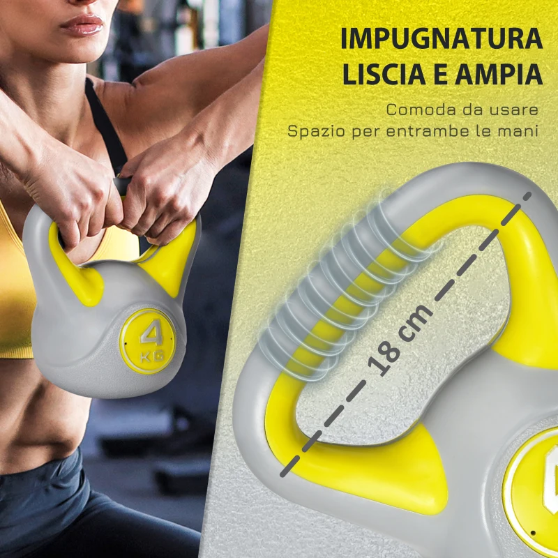 SPORTNOW Kettlebell 4kg in PU e Sabbia con Base Piatta e Impugnatura per Stacchi, Squat e Sollevamenti, 18x12x20 cm, Giallo