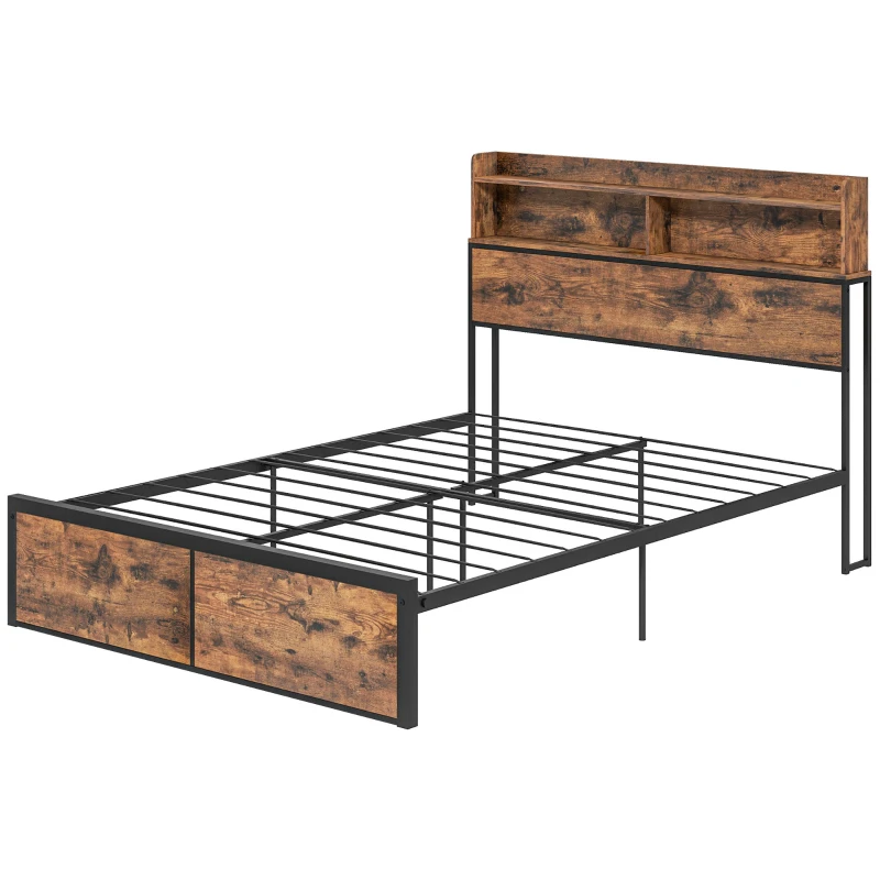HOMCOM Industrial Double Bed Frame, 4.6FT Steel Bed Base with Storage Headboard, Footboard, Slatted Support and Under Bed Storage, 141 x 207cm, Rustic Brown