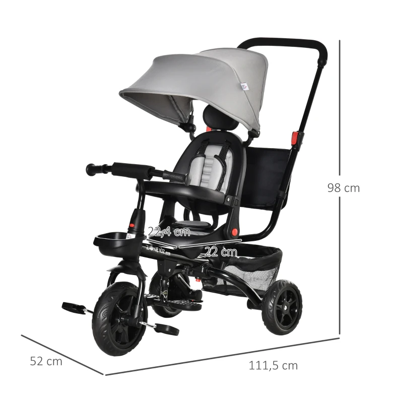 HOMCOM Tricycle Enfant évolutif Pliable - Pare-Soleil, Canne télescopique Amovible - siège pivotant, Harnais, Arceau sécurité - Repose-Pied - 3 paniers Rangement - métal PP Gris Noir