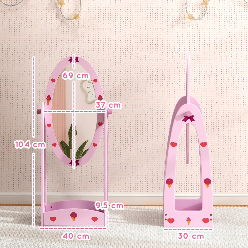 AIYAPLAY Kids Full Length Mirror, 360° Rotating Children Standing Mirror with Storage Shelf, Pink