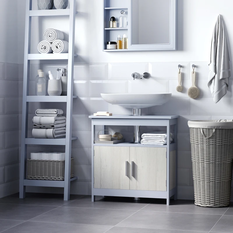 kleankin Mobile Sottolavabo Bagno con Armadietto e Ripiano Aperto, 60x30x62cm, Grigio e Legno Naturale