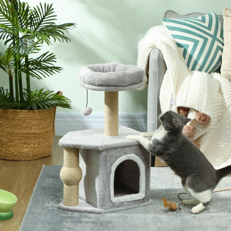 PawHut Arbre à chat tour de jeux pour chats, avec poteaux à griffer lit pour chat maison pour chat 42 x 30 x 66 cm gris clair