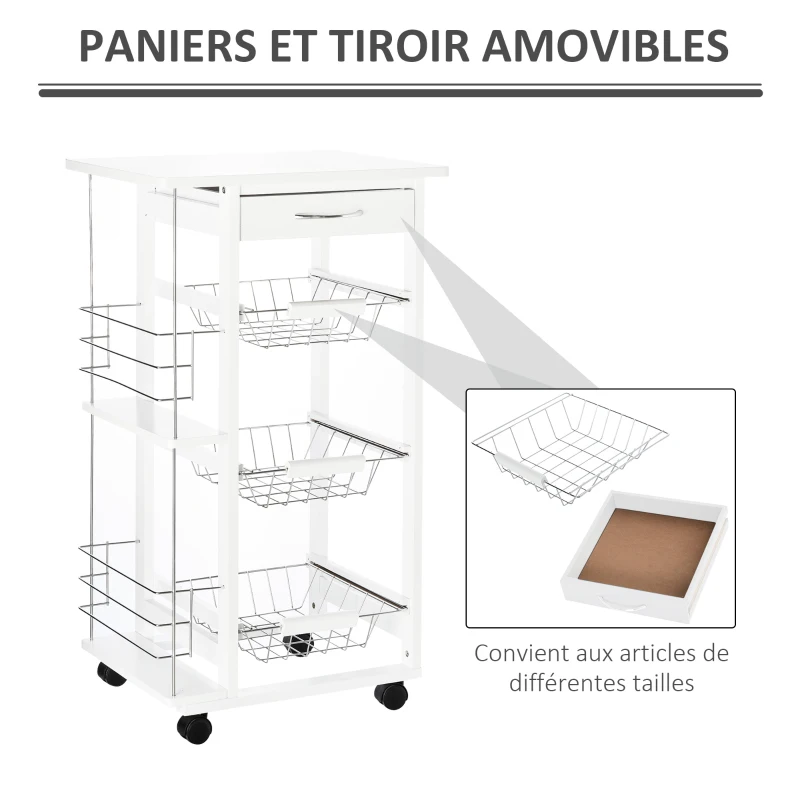 HOMCOM Chariot de service desserte de cuisine à roulettes multi-rangements 3 paniers métal tiroir + 2 range-bouteilles bois pin blanc