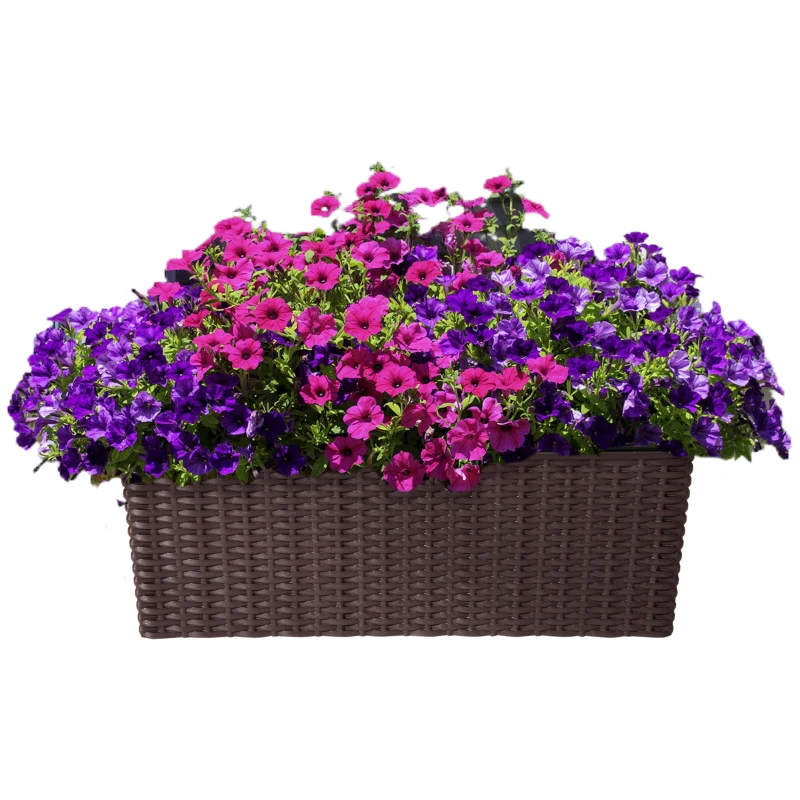 Outsunny Jardinière Suspendue pour Fleurs Plantes balconnière en résine tressée avec Supports réglables et système d'irrigation PP métal dim. 50L x 19l x 19H cm Marron et Noir