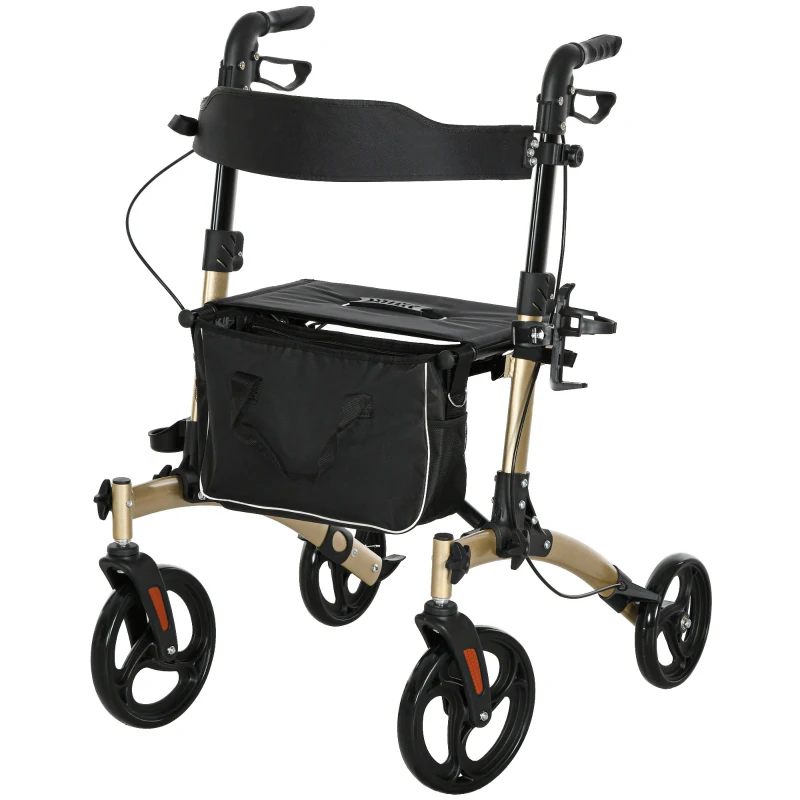 HOMCOM Folding Rollator with Cane Holder, Adjustable Handle Height and Aluminum Frame, 4 Wheeled Mobility Walker with Seat and Bag, Gold
