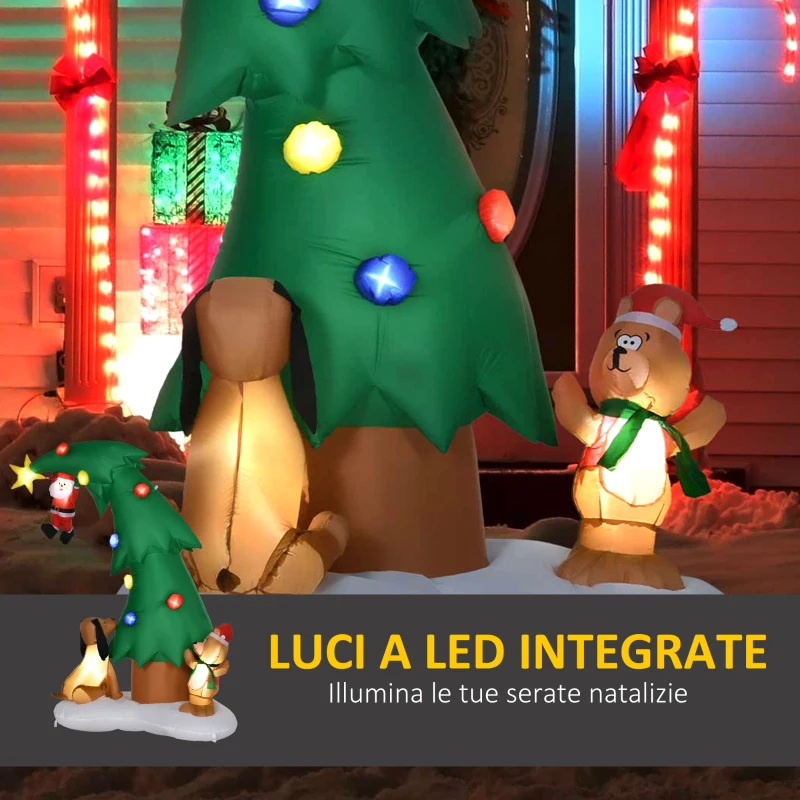 HOMCOM Albero di Natale Gonfiabile con 11 Luci a LED, Babbo Natale Cagnolino e Orso, 223 cm, Impermeabile IP44