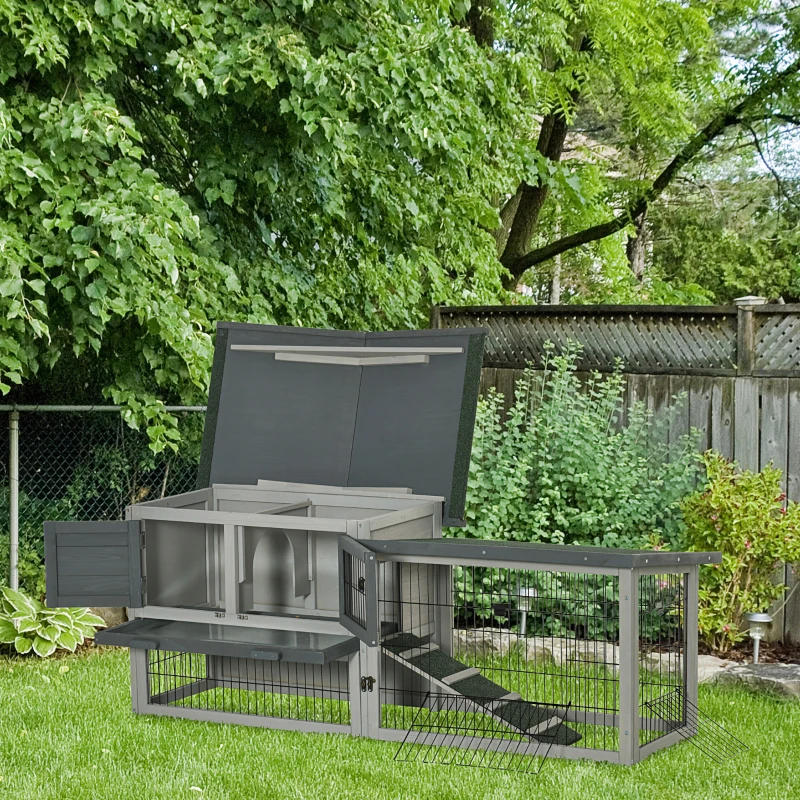 PawHut Conigliera a 2 Livelli in Legno d'Abete per Esterni con Tetto in Asfalto, 154.5x52.5x68.5cm, Grigio