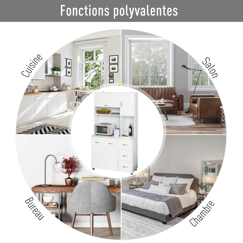 HOMCOM Armoire de cuisine multi-rangements 4 portes 3 tiroirs étagère + grand plateau 100L x 39,5l x 183,5H cm blanc