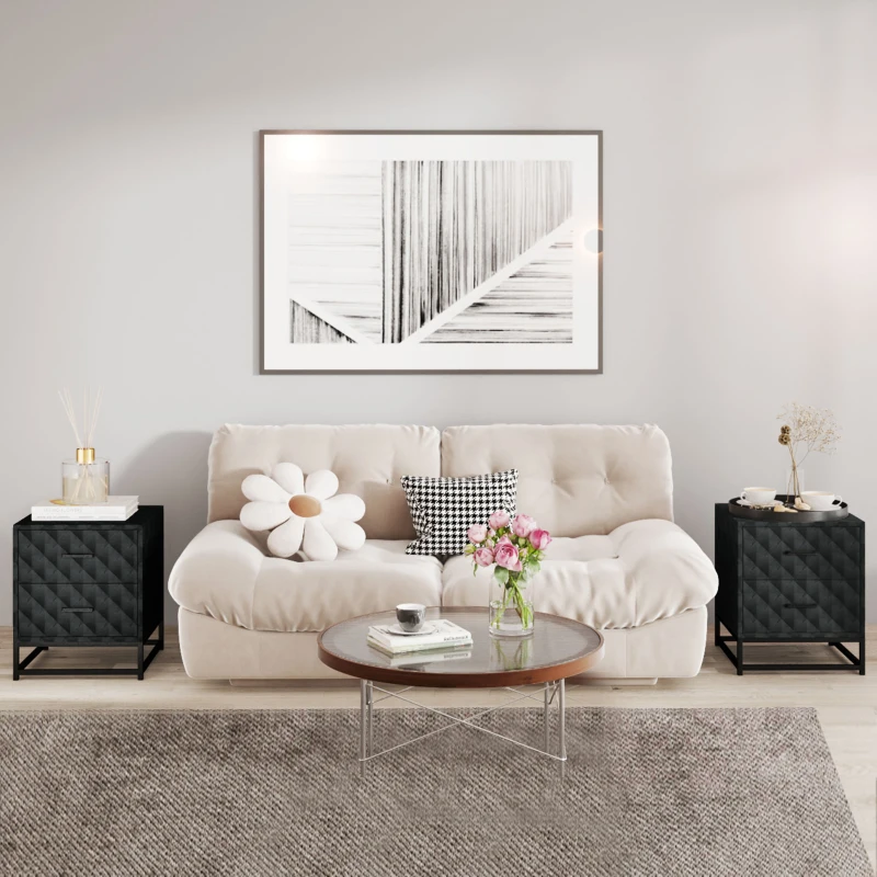 HOMCOM Bedside Tables Set of 2, Modern Bedside Table Nightstand with 2 Drawers, Bedside Cabinet Sofa Side Table with Storage, Steel Legs for Bedroom, Living Room, Black