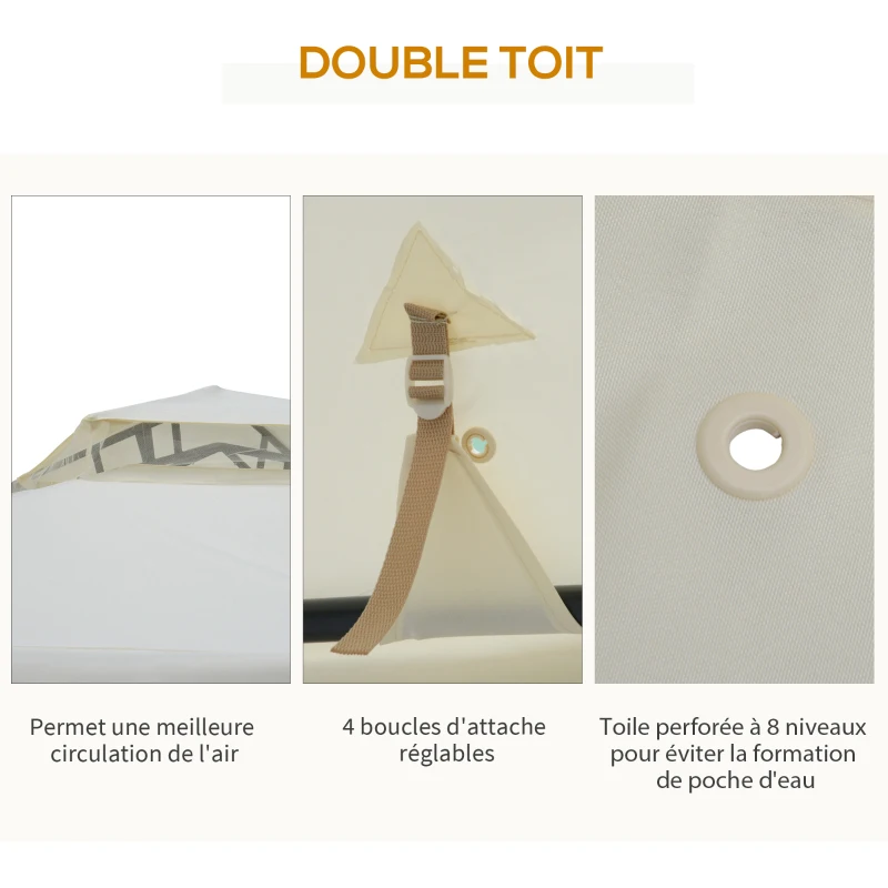 Outsunny Tonnlle de jardin barnum pavillion de jardin 3 x 3 double toit avec moustiquaires amovibles imperméable crème