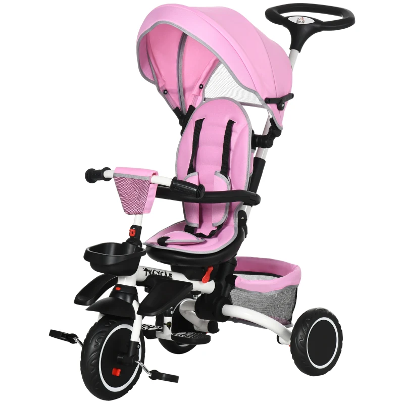 HOMCOM Multifunctional Kids Tricycle, with Rotatable Seat, Adjustable Push Handle - Pink
