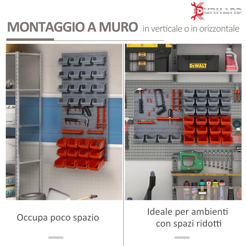 DURHAND 44PZ Contenitore Portautensile Scatole Regolabili e Rimovibile, Montaggio a Muro, PP, Rosso Grigio, 54x22x95cm