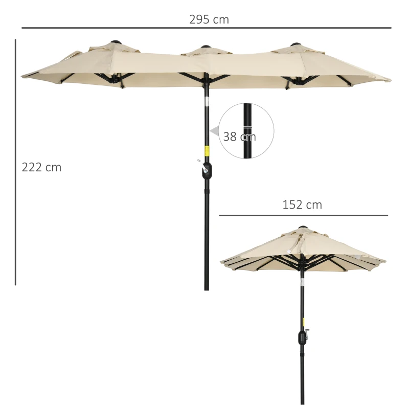 Outsunny Ombrellone da Giardino Doppio Inclinabile con Apertura a Manovella, 295x152x222 cm, Cachi