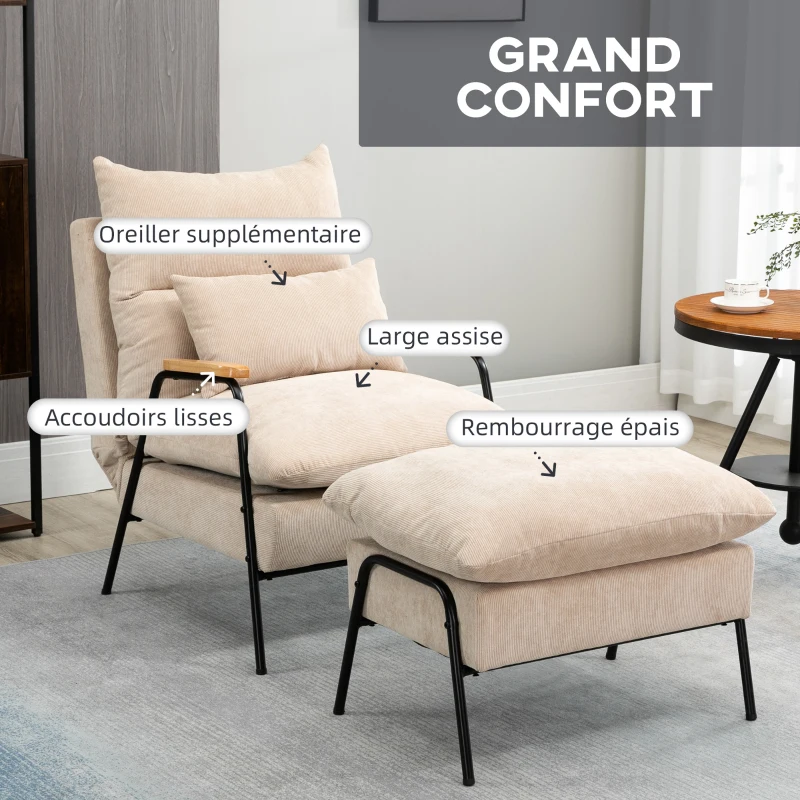 HOMCOM Fauteuil de relaxation avec repose pied style néo-rétro - dossier inclinable - accoudoirs bois hévéa revêtement velours