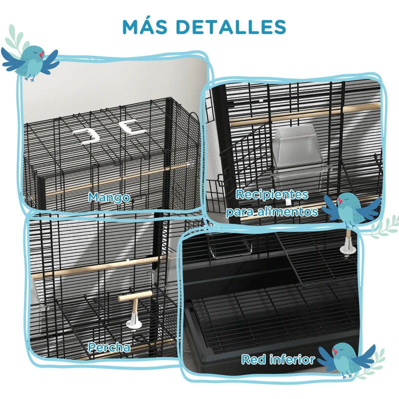 PawHut Jaula para Pájaros 61x36,5x98 cm con 8 Puertas 5 Perchas Bandeja Extraíble y 4 Comederos para Periquitos Pinzones Negro
