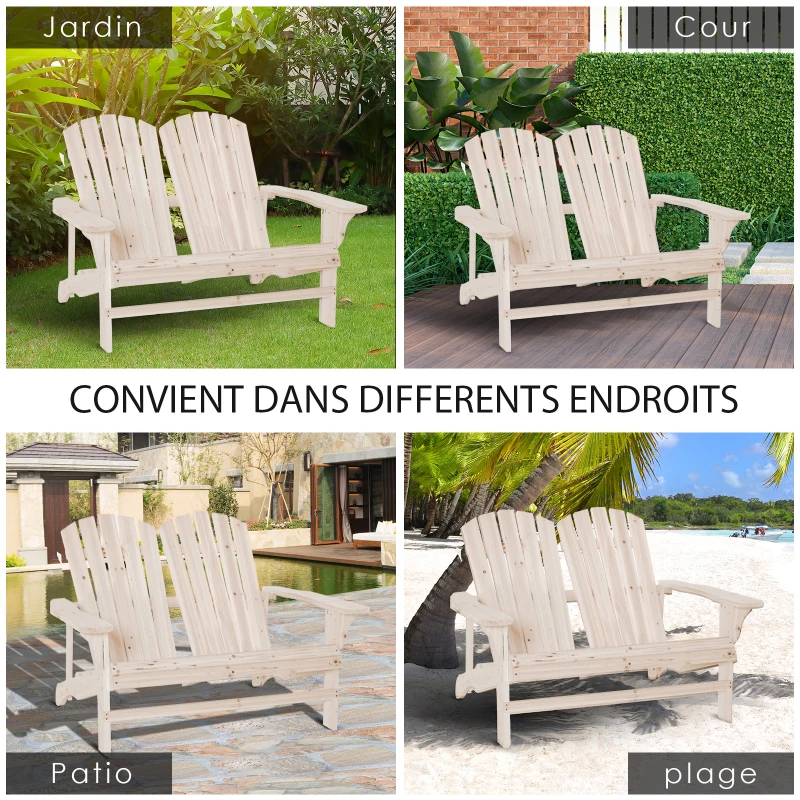 Outsunny Banc de Jardin 2 Places Design Adirondack Assise Dossier à Lattes Larges accoudoirs Bois Naturel sapin lasuré