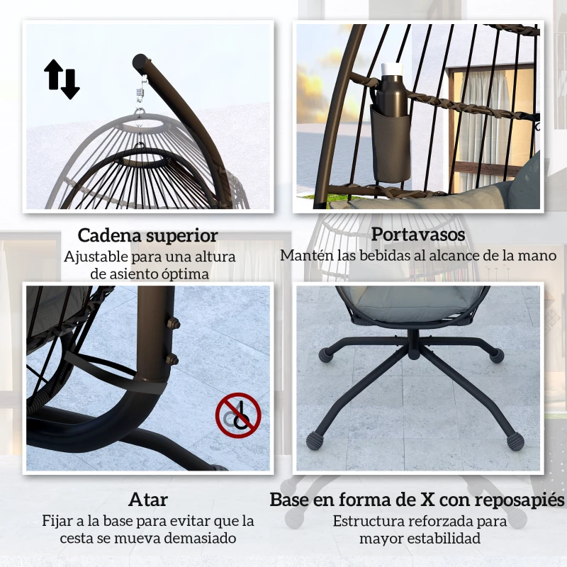 Outsunny Silla Colgante con Soporte Cesta Plegable Cojín y Reposacabezas para Interior y Exterior Carga 120 kg Negro