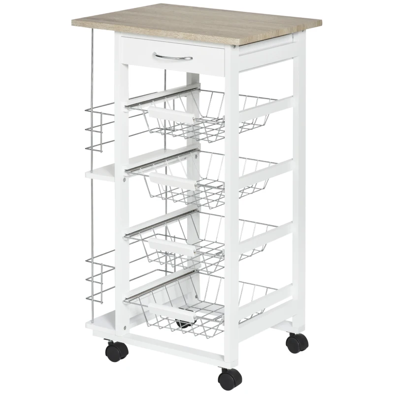 HOMCOM Rolling Kitchen Cart, Utility Storage Cart with 4 Basket Drawers & Side Racks, Wheels for Dining Room, Natural and White
