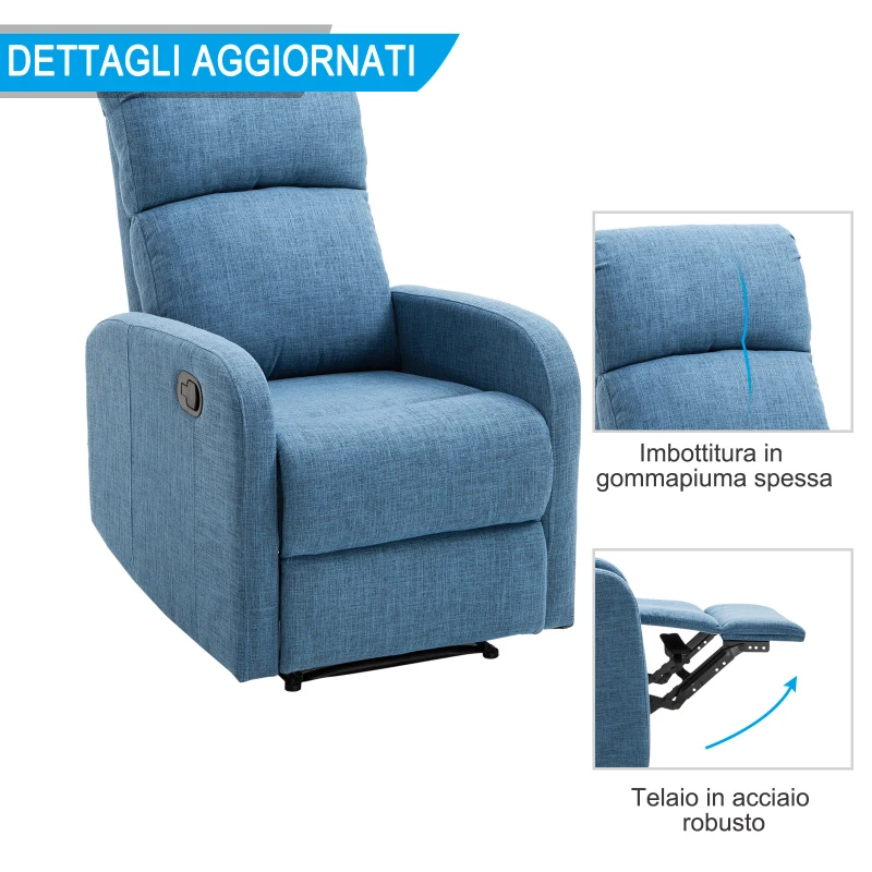 HOMCOM Poltrona Relax Reclinabile Manuale con Poggiapiedi Portata 125kg Tessuto di Lino 67 × 83 × 107cm Blu