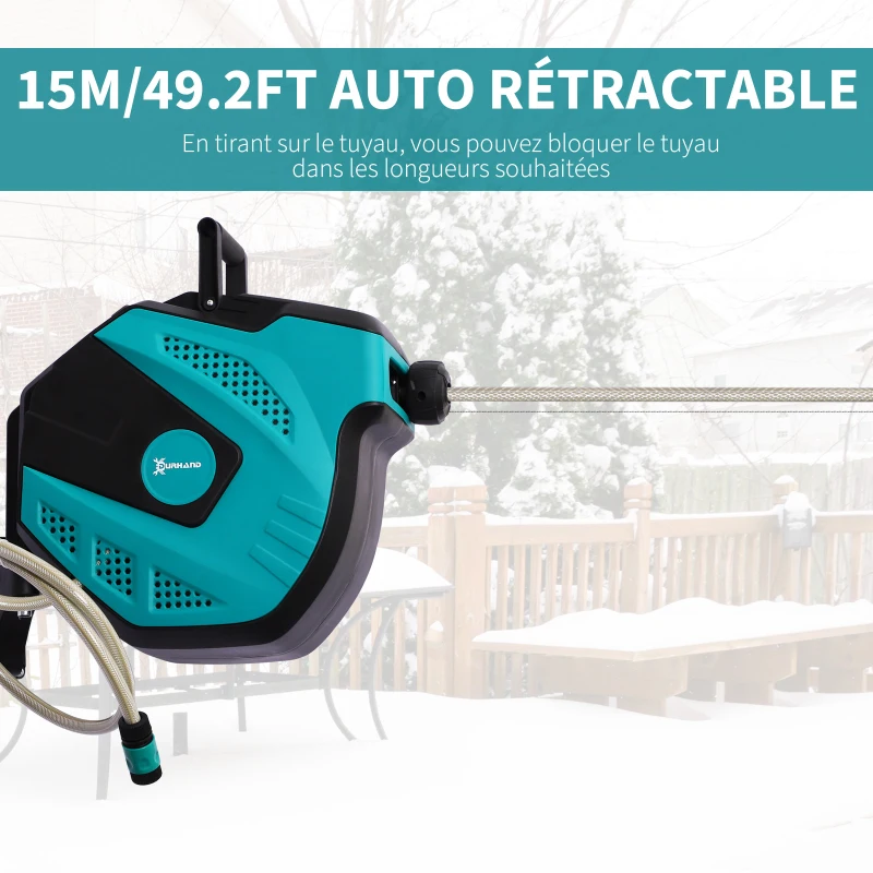 DURHAND Enrouleur automatique pivotant 180° fixation mural avec tuyau 15 + 1,5 m avec Buse de Pulvérisation, noir et vert