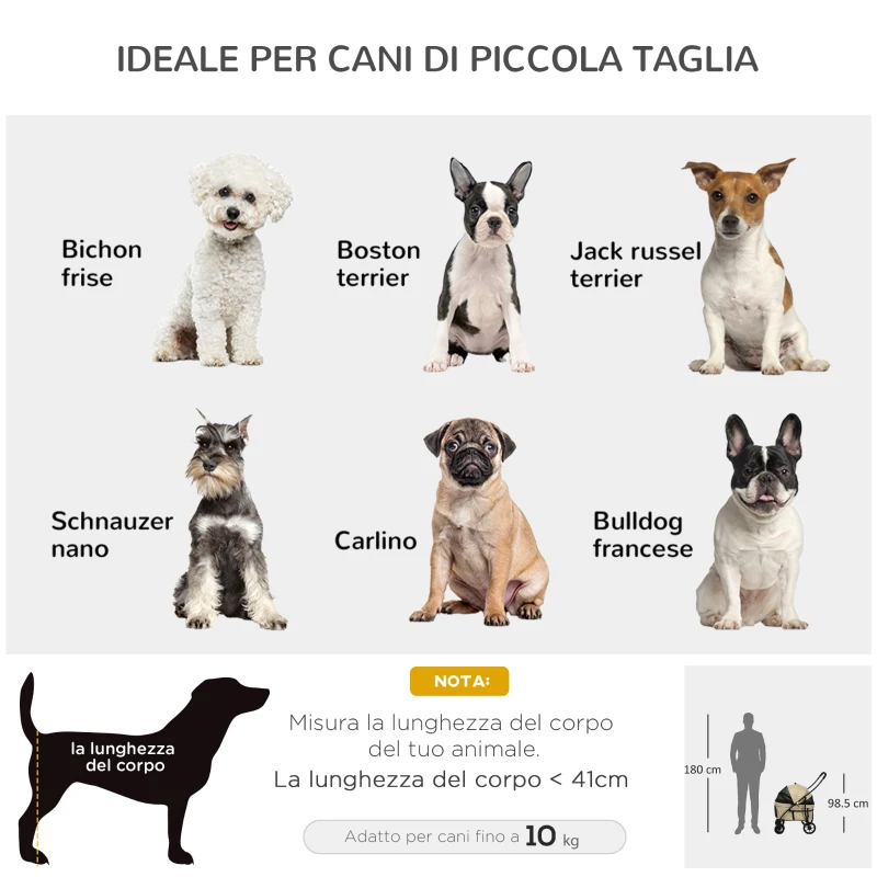 PawHut Passeggino per Cani Taglia Piccola con Tettuccio Regolabile e 2 Guinzagli, 81x68x98.5 cm, Nero e Khaki