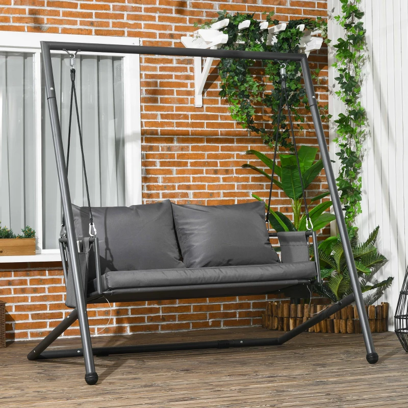 Outsunny Dondolo da Giardino 2 Posti con Cuscini e Tasche, in Acciaio e Textilene, 168x117x181 cm, Grigio Scuro