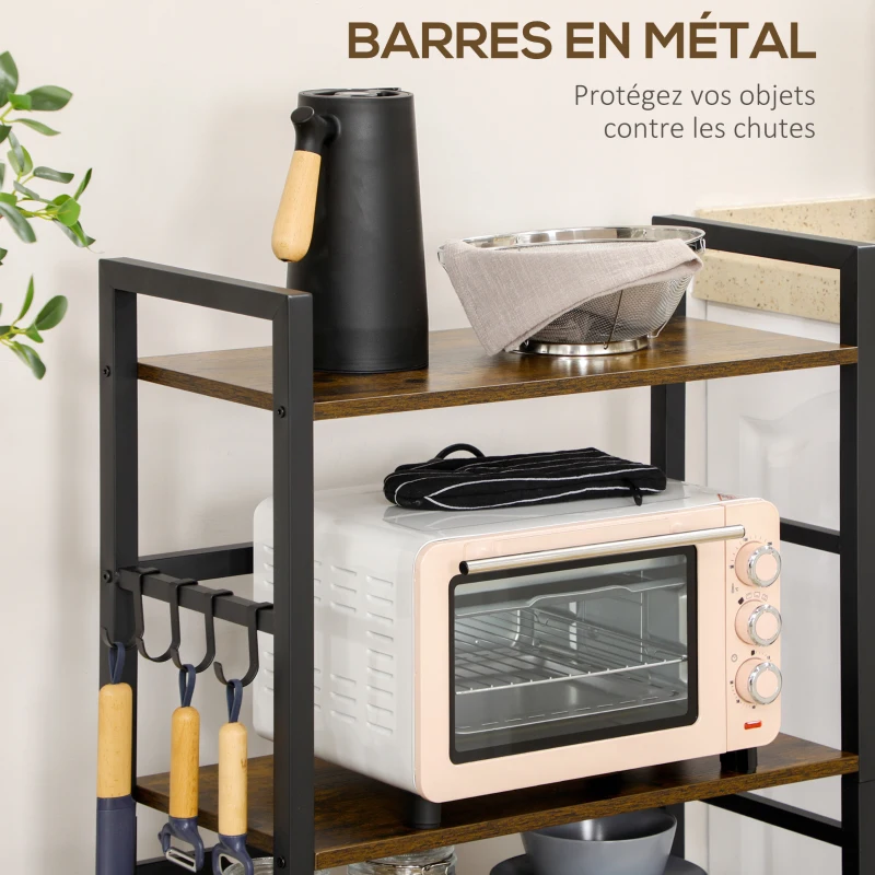 HOMCOM Étagères de cuisine meuble de rangement avec 4 étagères et 4 crochets cadre en acier noir et bois aspect marron
