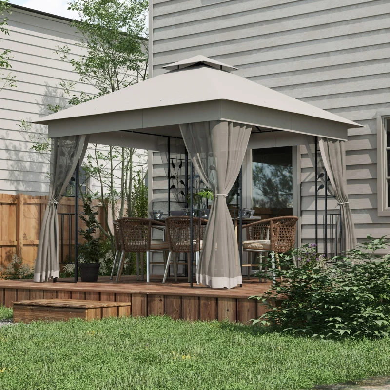 Outsunny 3(m) x 3(m)  Double Roof Outdoor Garden Gazebo Canopy Shelter with Netting, Solid Steel Frame, Light Grey