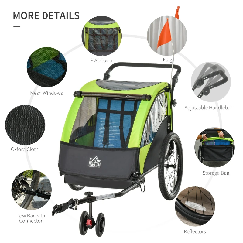 HOMCOM Bike Trailer 2 In1 Child Kids Stroller 2 Seater Carrier with Adjustable Handlebar Hitch Coupler Green