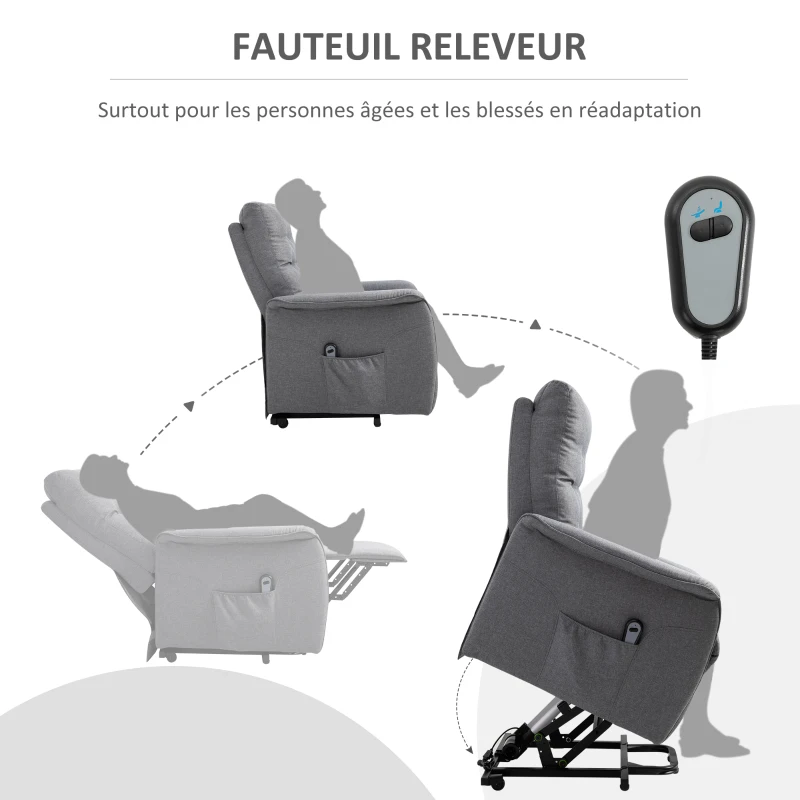 HOMCOM Fauteuil de Relaxation électrique Fauteuil releveur inclinable avec Repose-Pied Ajustable Lin Gris