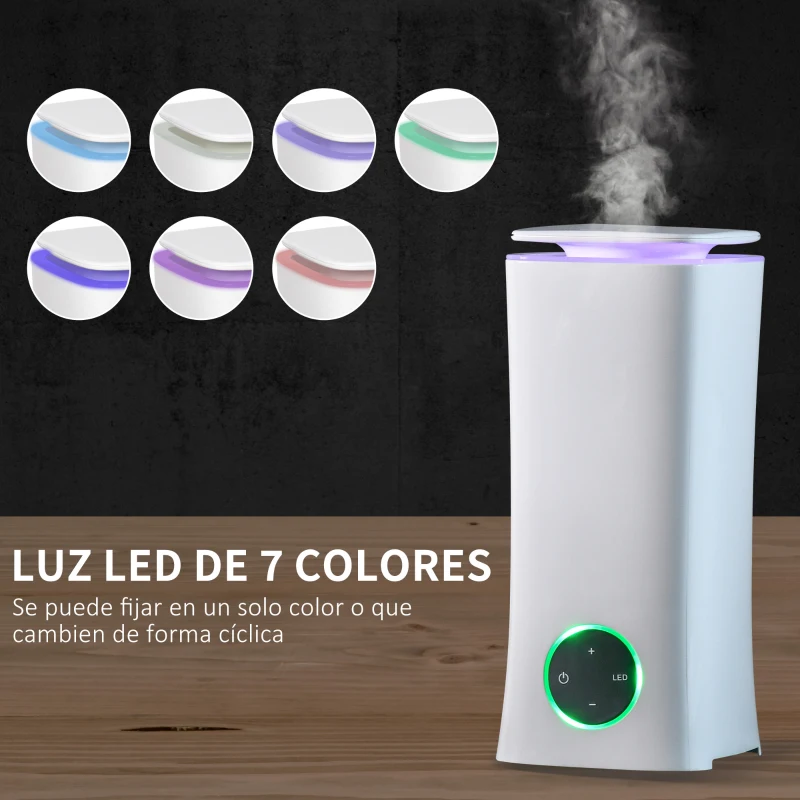 HOMCOM Humidificador Ultrasónico 2L Humidificador Silencioso con 3 Modos de Pulverización 7 Colores LED 15x15x34 cm Blanco