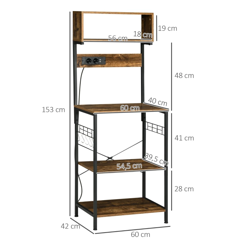 HOMCOM Estantería de Cocina Mueble para Microondas con Toma de Corriente 2 Cargadores USB 5 Ganchos 60x42x153 cm Marrón