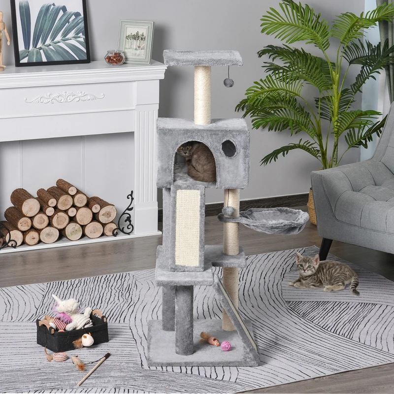 PawHut Albero Tiragraffi Accessoriato con Cuccia Lettino Sospeso e 2 Pedane in Peluche Grigio e Corda Sisal 60x49x130cm