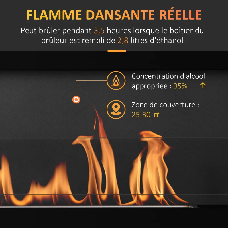 HOMCOM Cheminée bioéthanol Murale encastrable brûleur 2,8 L, environ 3,5 h de durée de combustion dim. 102L x 16l x 43H cm Couverture 25-30 m² Métal