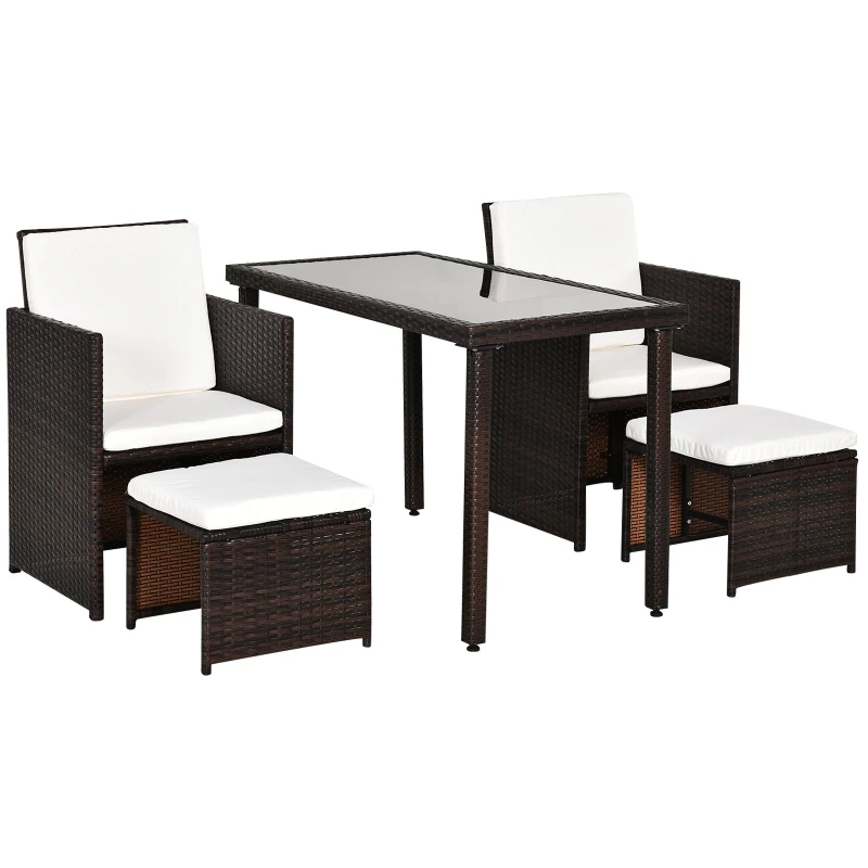 Outsunny 2 Seater Rattan Cube Garden Furniture Set, Rattan Dining Set with Cushions, Outdoor Dining Table and Chairs with 2 Armchairs, 2 Stools, Rectangular Glass Top Table for Patio, Balcony, Brown