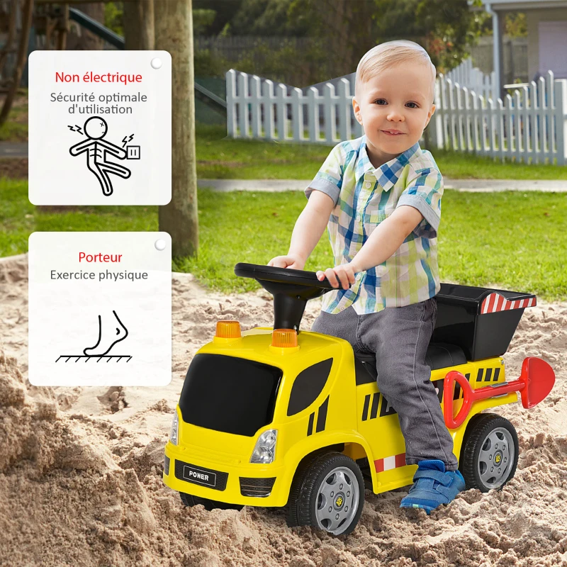 HOMCOM Porteur Enfant Camion 18-36 Mois Benne basculante Pelle Effets sonores Lumineux Noir Jaune
