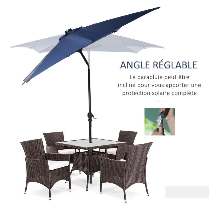 Outsunny Parasol de jardin Parasol droit 3 x 2 m lumineux rectangulaire inclinable avec LED solaire acier polyester haute densité bleu