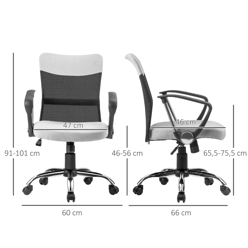 Vinsetto Silla de Oficina Ergonómica Silla de Escritorio Basculante y Giratoria con Altura Ajustable del Asiento Reposabrazos y Ruedas 60x66x91-101 cm Gris