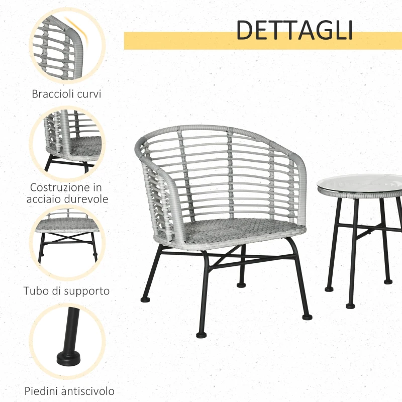 Outsunny Set Mobili da Giardino in Rattan Sintetico Stile Boho Chic con 1 Tavolino e 2 Sedie, Grigio