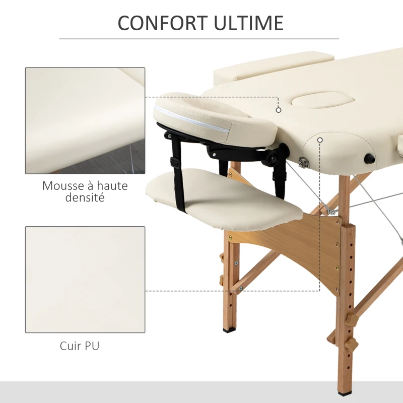 HOMCOM Lit/Table de Massage cosmetique Pliable en Bois 2 Zones (Crème)