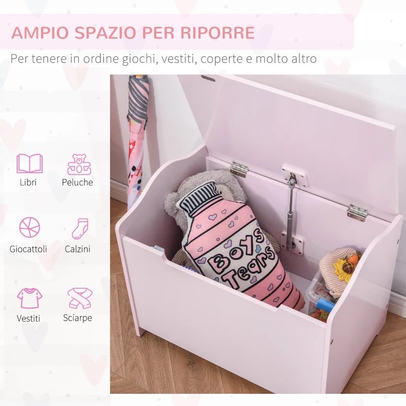 HOMCOM Cassapanca Portagiochi in Legno, Panca Contenitore per Cameretta Coperchio con Pistone Pneumatico, 60x40x48cm, Rosa
