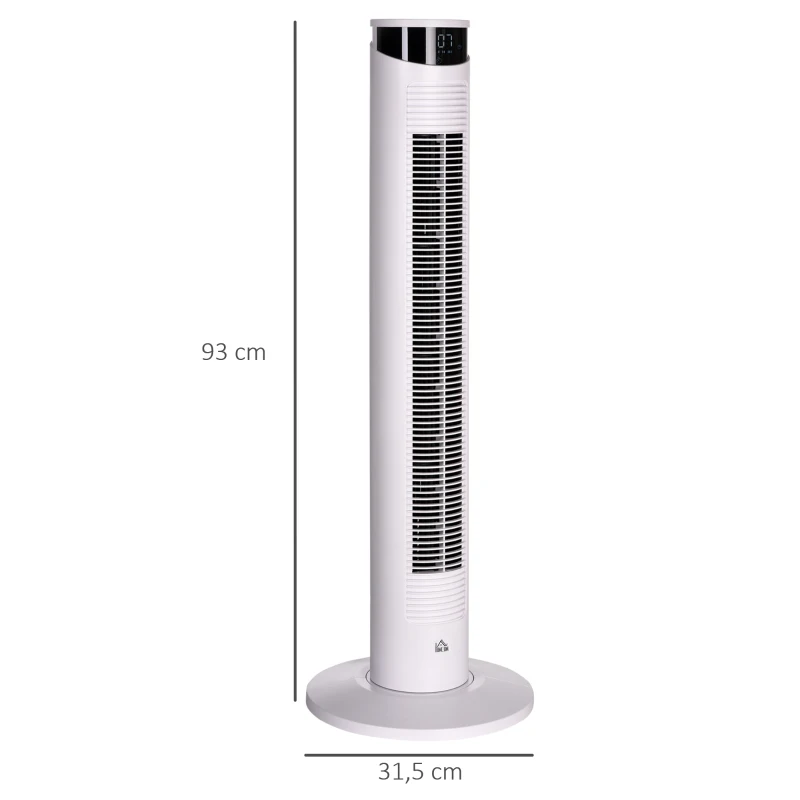 HOMCOM Ventilador de Torre Oscilante 45W con Control Remoto Temporizador de 12 h 3 Velocidades Pantalla LED Ø31,5x93 cm Blanco