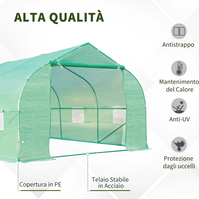 Outsunny Serra a Tunnel con 8 Finestrelle Laterali e Ingresso Avvolgibile, in PE e Acciaio, 6x3x2 m, Verde
