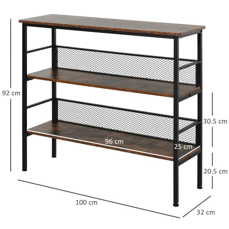HOMCOM 3-Tier Storage Display Shelf, Industrial Bookshelf with Adjustable Feet, Metal Frame Shelving Unit for Study, Living Room, Kitchen, Rustic Brown and Black